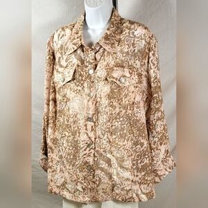 RUBY RD. Pink and Gold Abstract Print Button Up Shirt Jacket - Size 18W or 1X